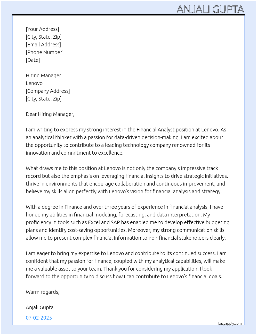 Financial Analyst At Lenovo Cover Letter