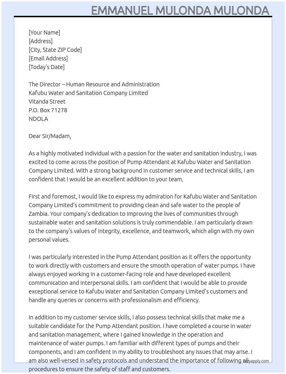 PUMP ATTENDANT At Kafubu Water and Sanitation Company Limited Cover Letter