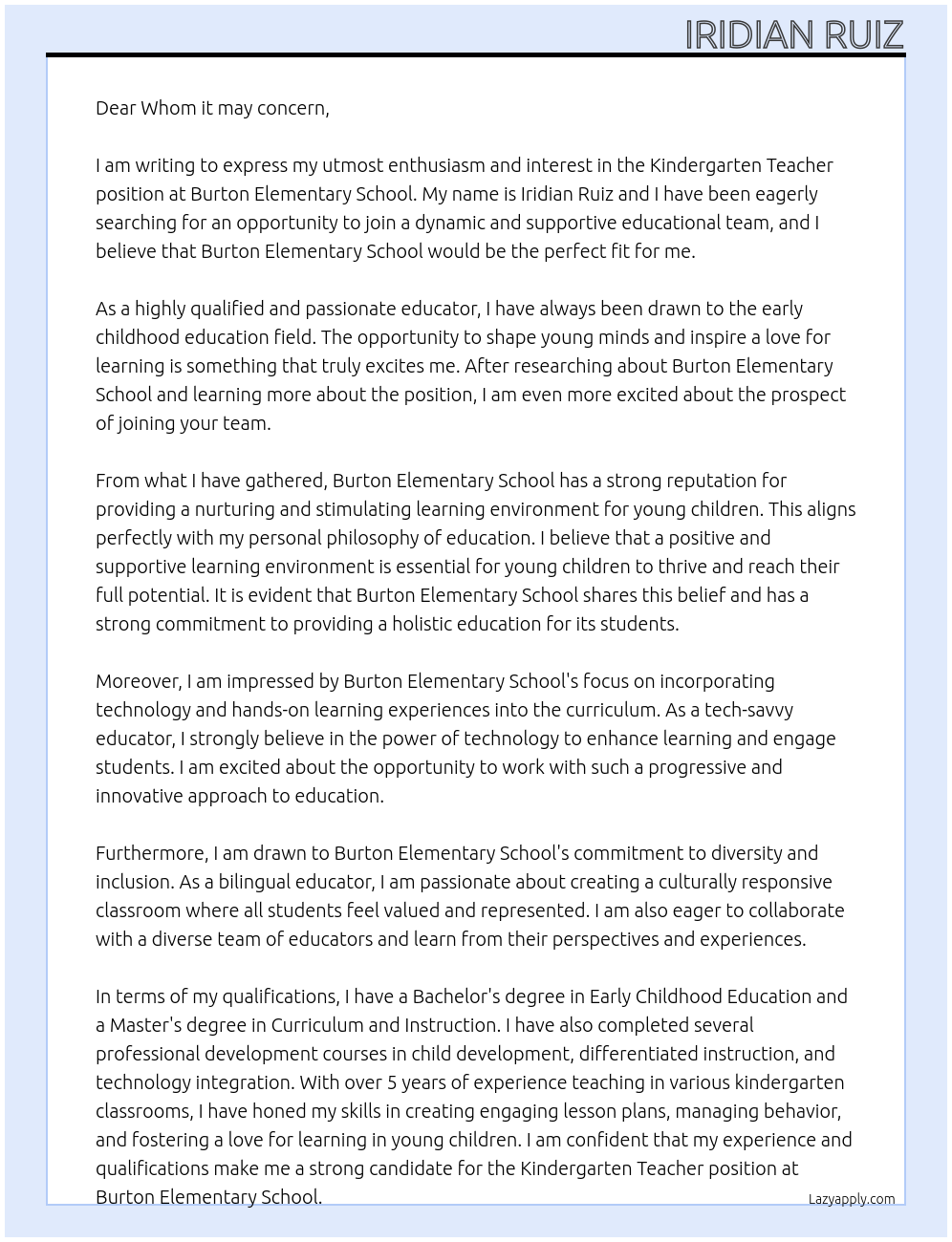 Kindergarten Teacher At Burton Elementary School Cover Letter