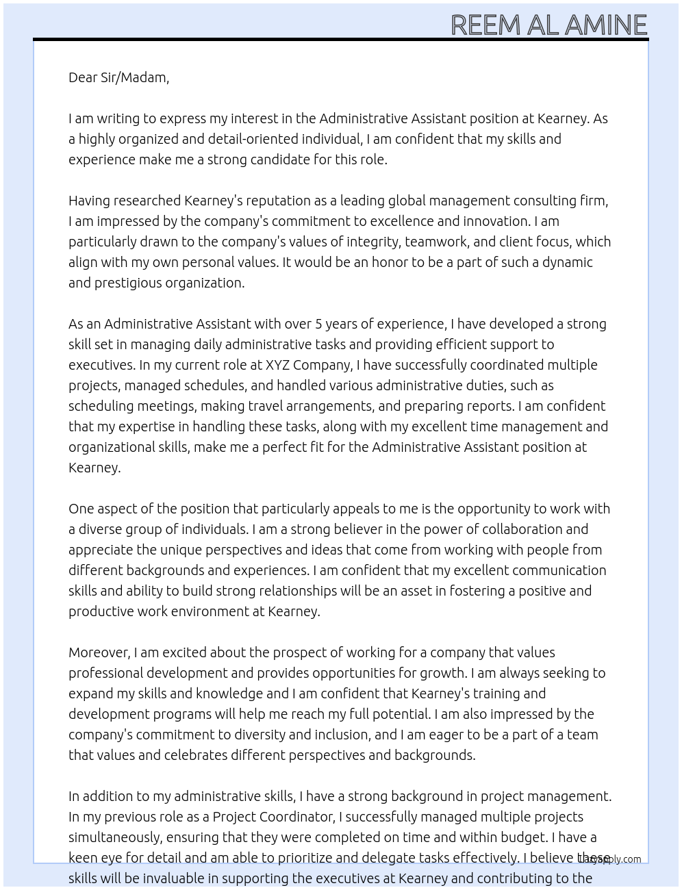 Administrative Assistant At Kearney Cover Letter