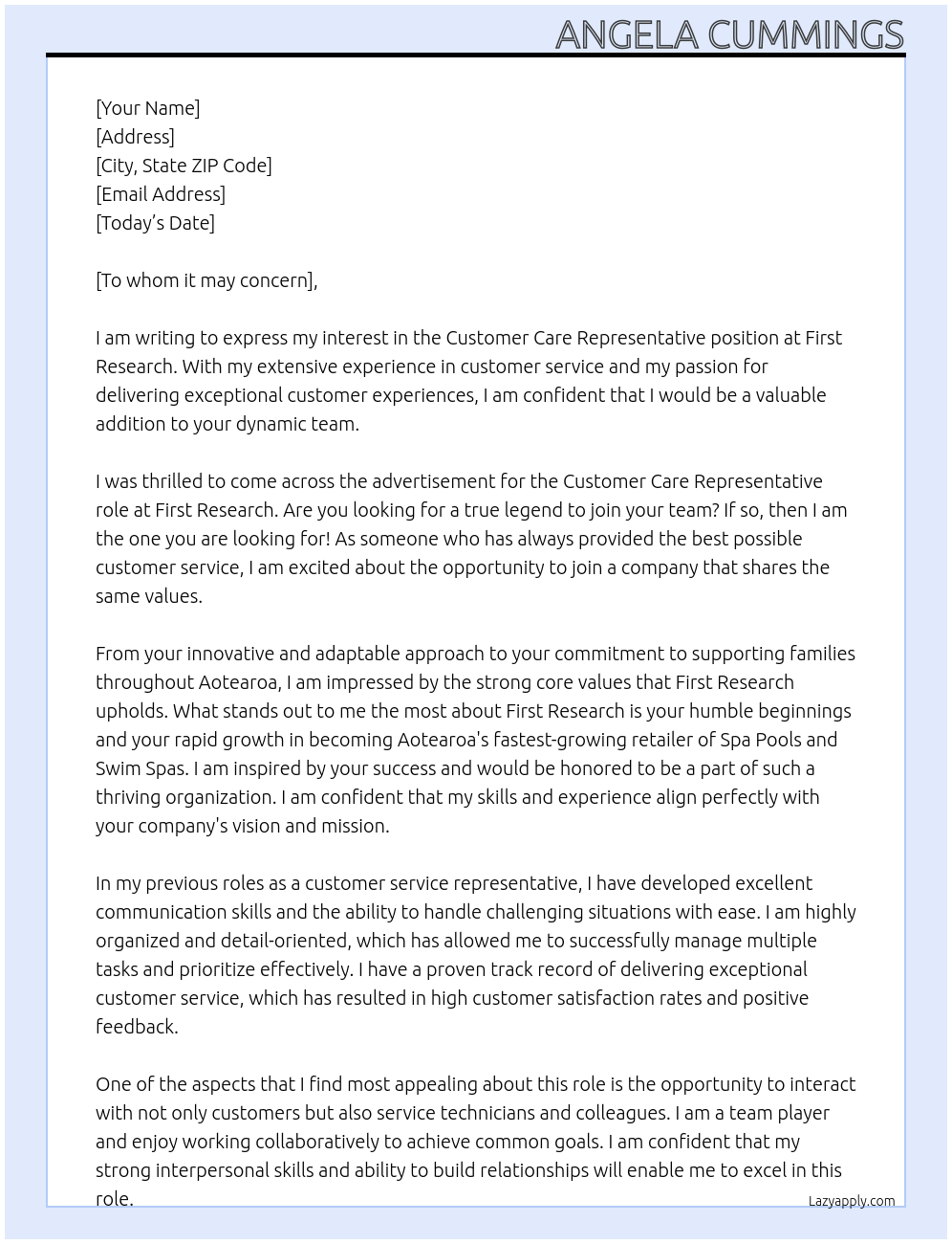 Customer Care Representative At First Research Cover Letter