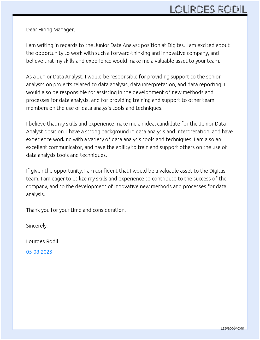Junior Data Analyst At Digitas Cover Letter