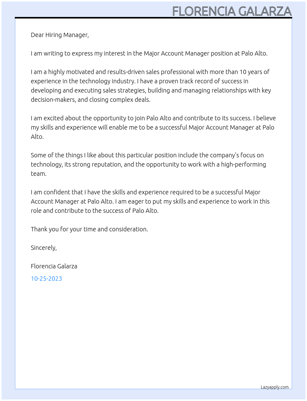 Major Account Manager At Palo Alto Cover Letter