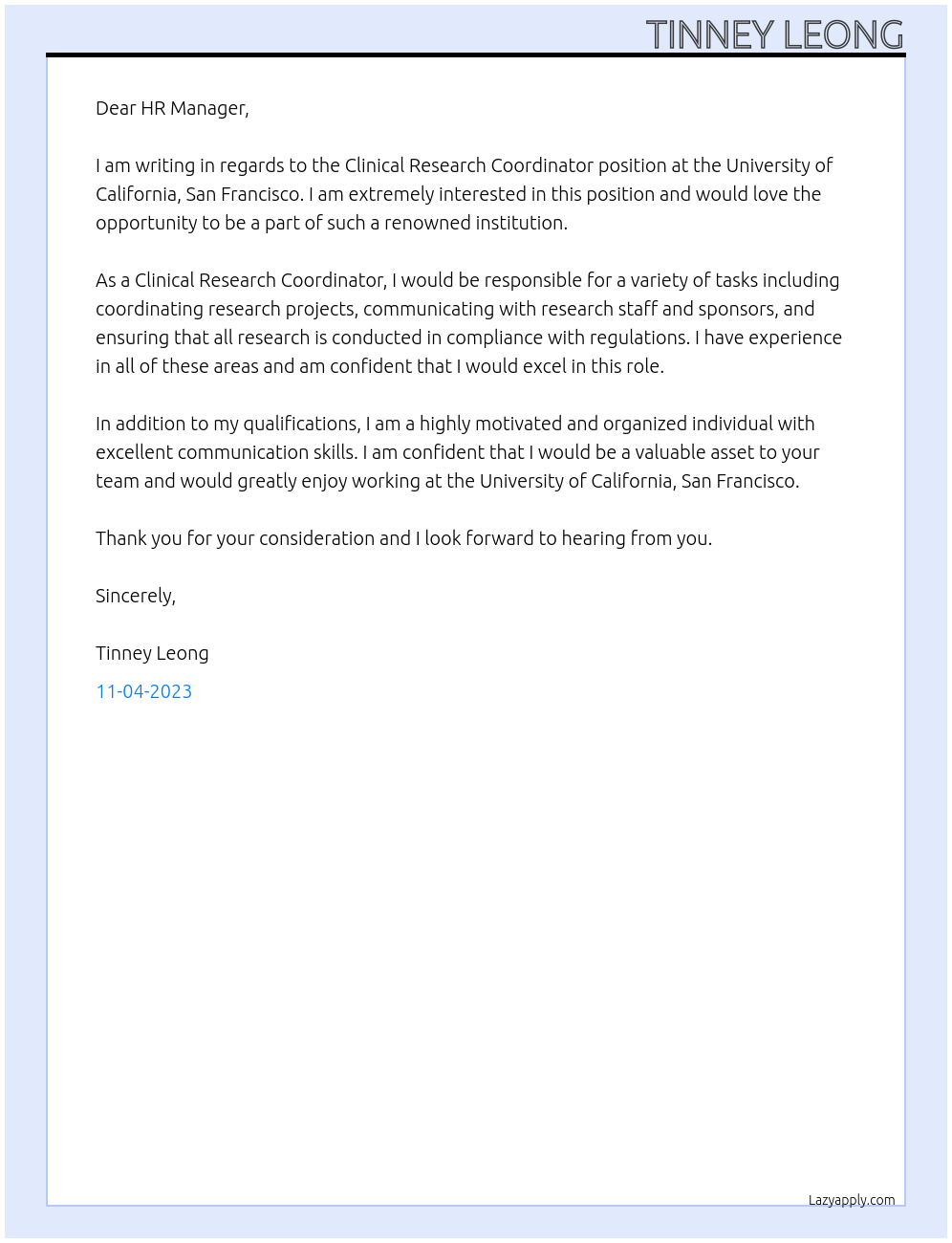 Clinical Research Coordinator At University of California, San Francisco Cover Letter