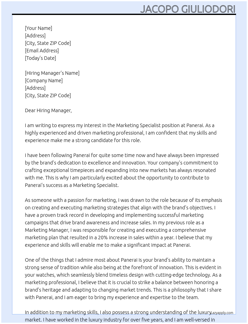 Marketing Specialist At Panerai Cover Letter