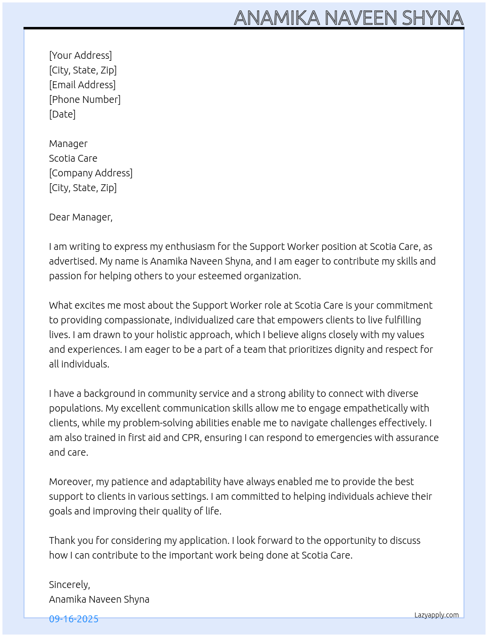 Support Worker At Scotia Care Cover Letter