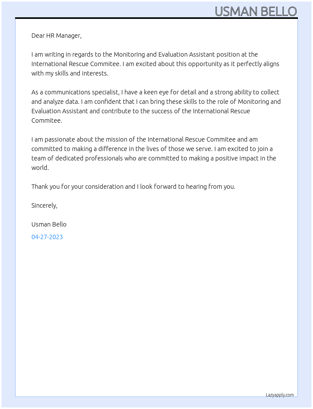 Monitoring and Evaluation Assistant At International Rescue Commitee Cover Letter