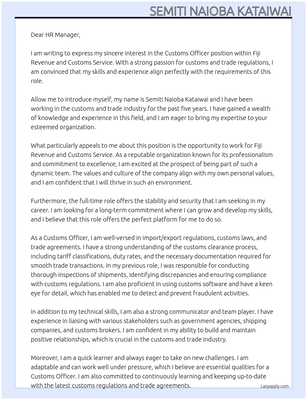 Customs Officer At Fiji Revenue and Customs Service Cover Letter