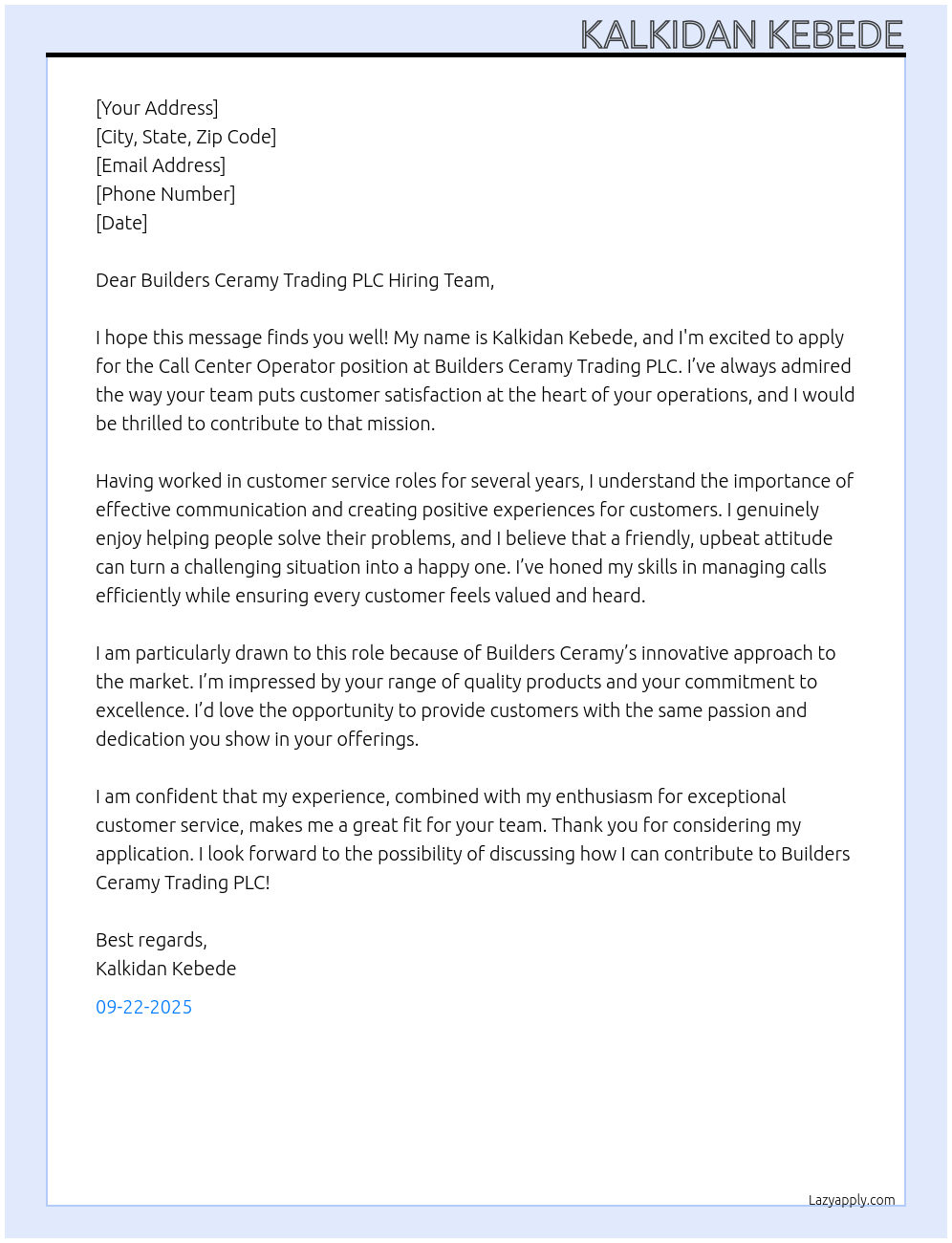 Call center operator At Builders ceramy trading plc Cover Letter