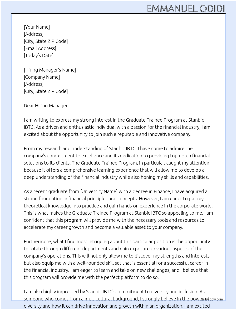 Graduate Trainee Program At Stanbic IBTC Cover Letter