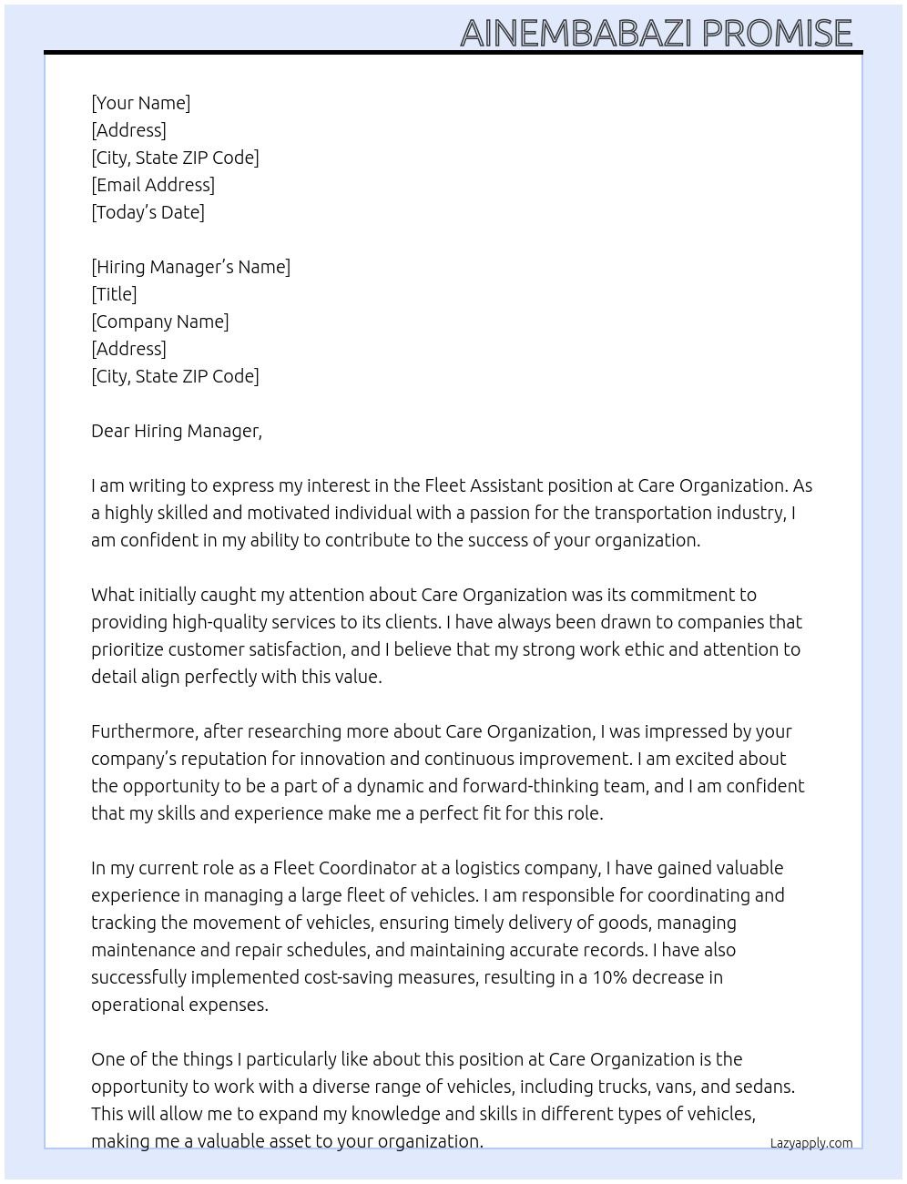 Fleet assistant At Care organization Cover Letter