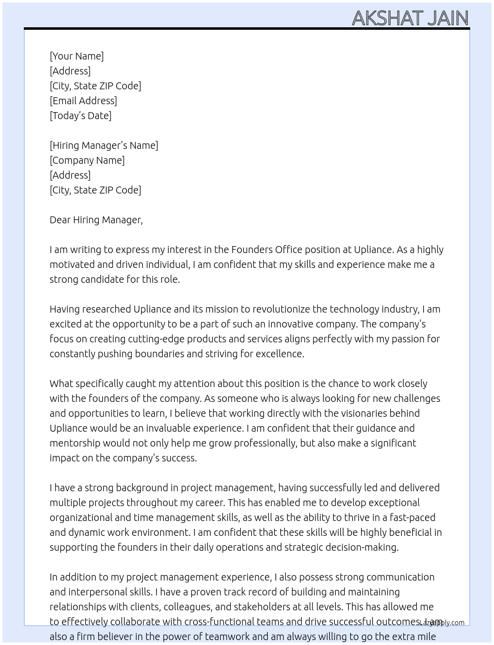 Founders office At Upliance Cover Letter