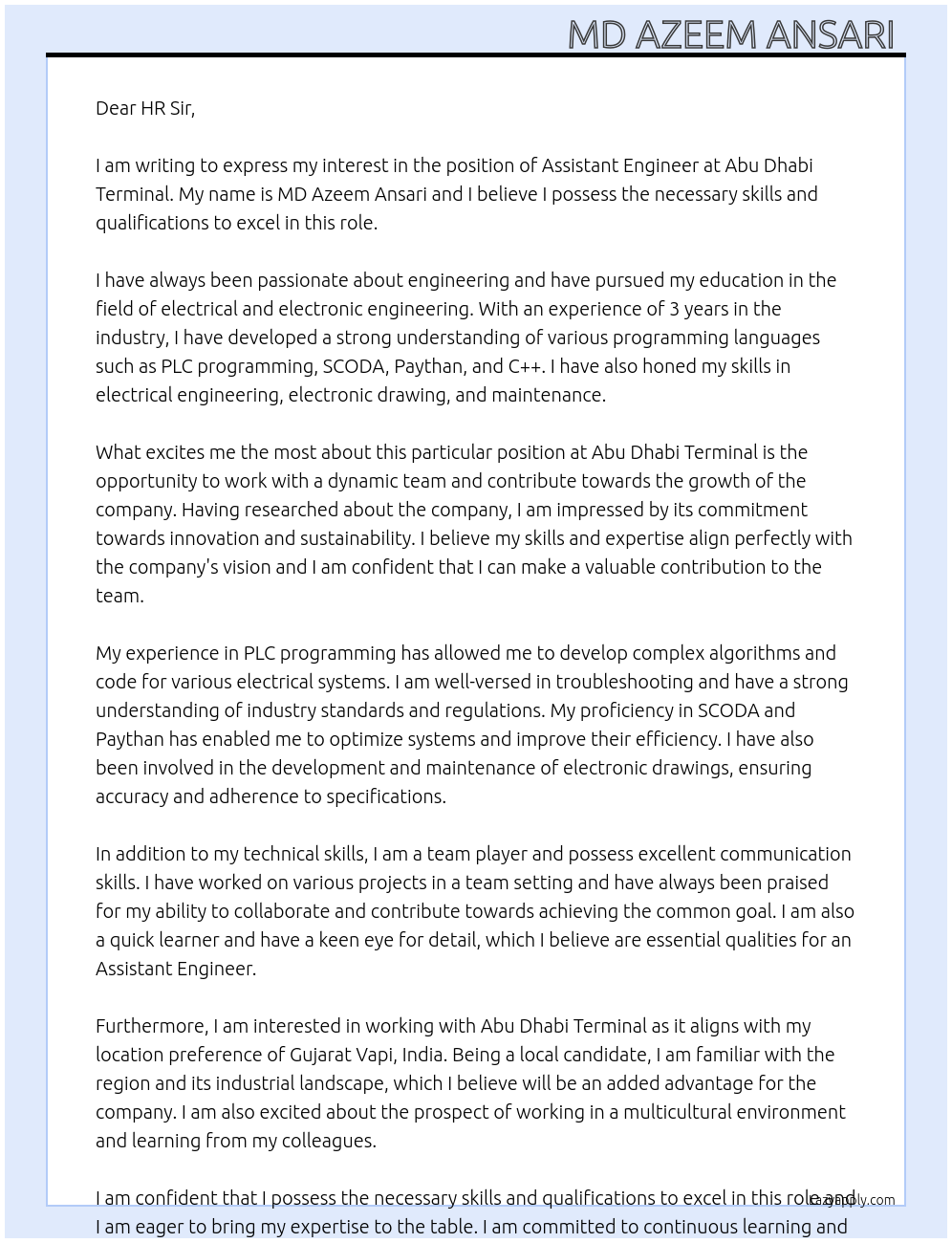 Assistant Engineer At Abu Dhabi Tarminal Cover Letter