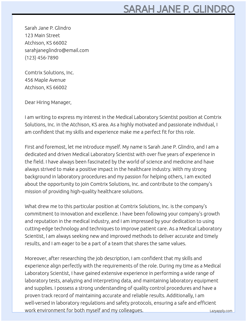 Medical Laboratory Scientist At Comtrix Solutions, Inc. Cover Letter