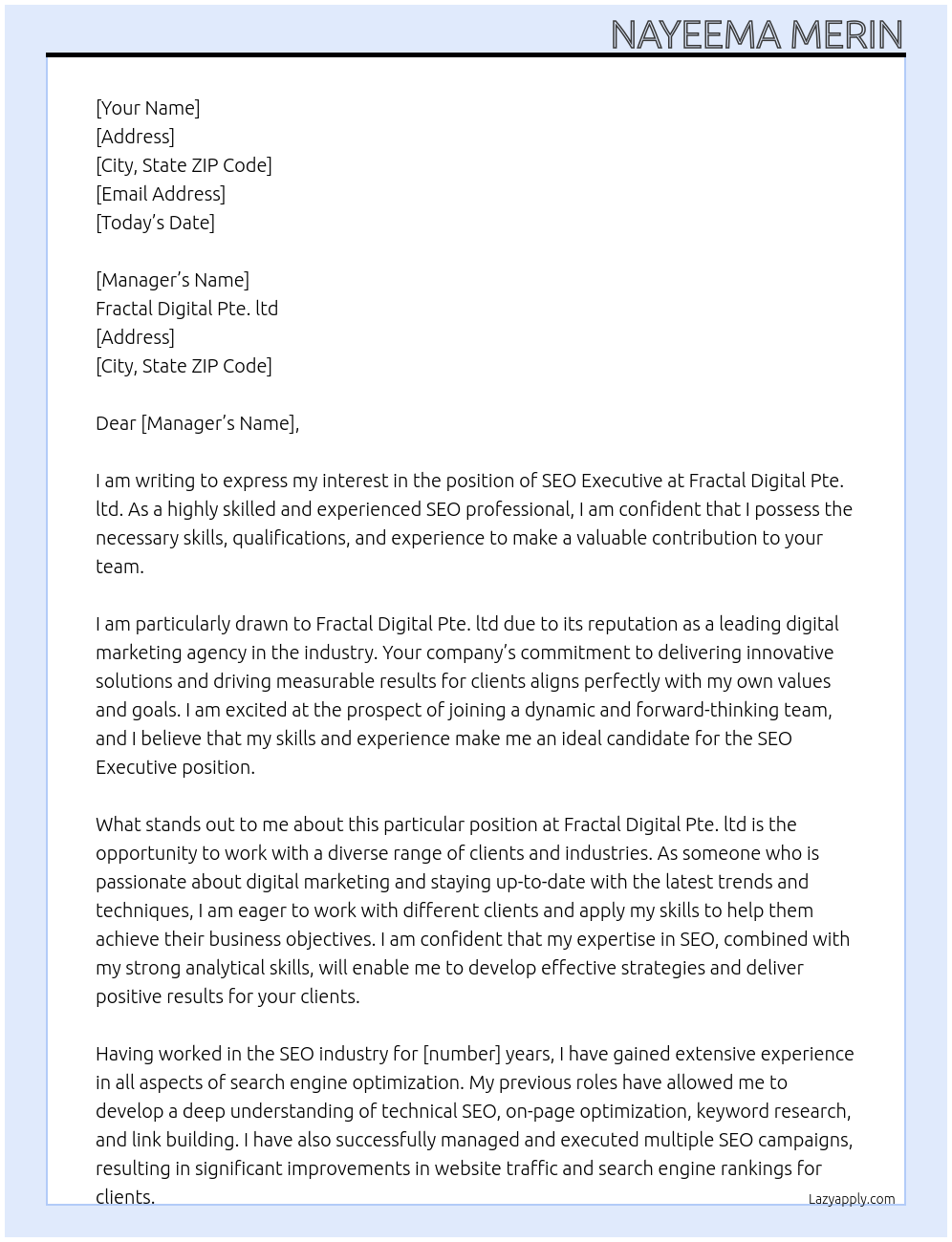 SEO Executive At Fractal Digital Pte. ltd Cover Letter