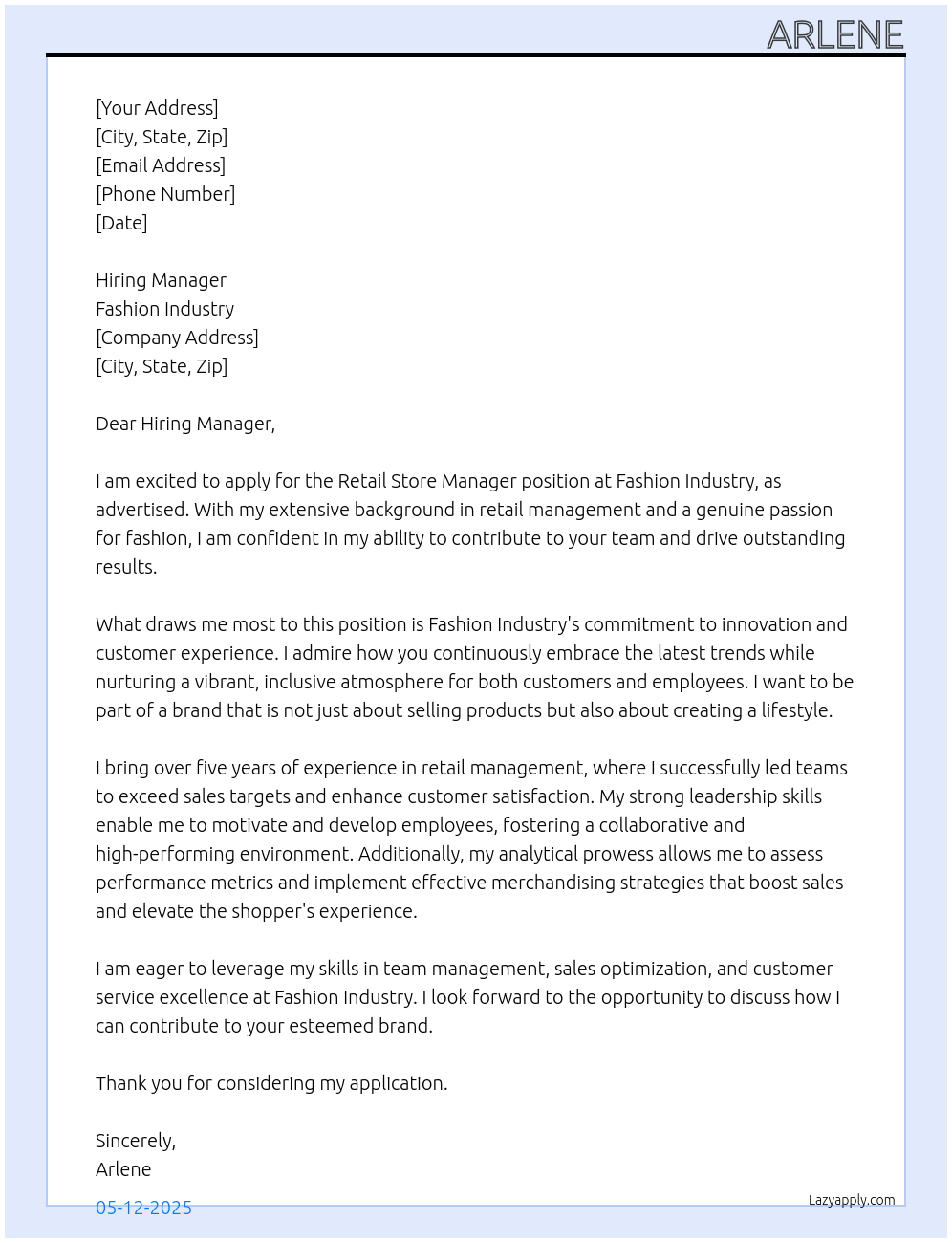 retail store manager At fashion industry Cover Letter