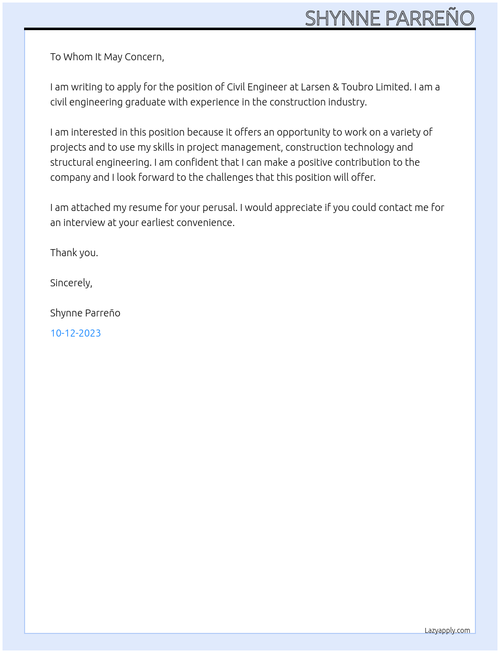 Civil engineering At Larsen & Toubro Limited Cover Letter