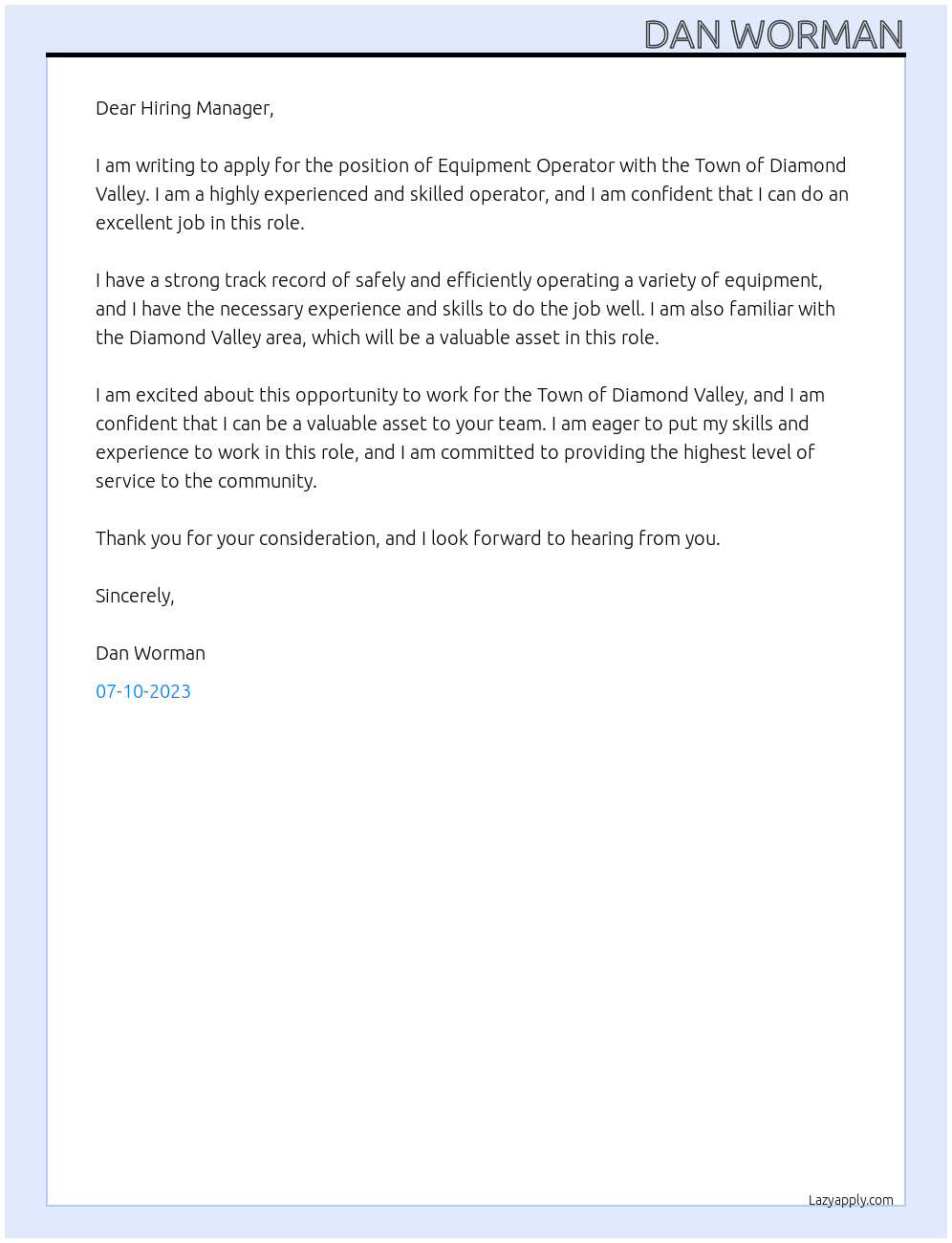 Equipment Operator At Town of Diamond Valley Cover Letter