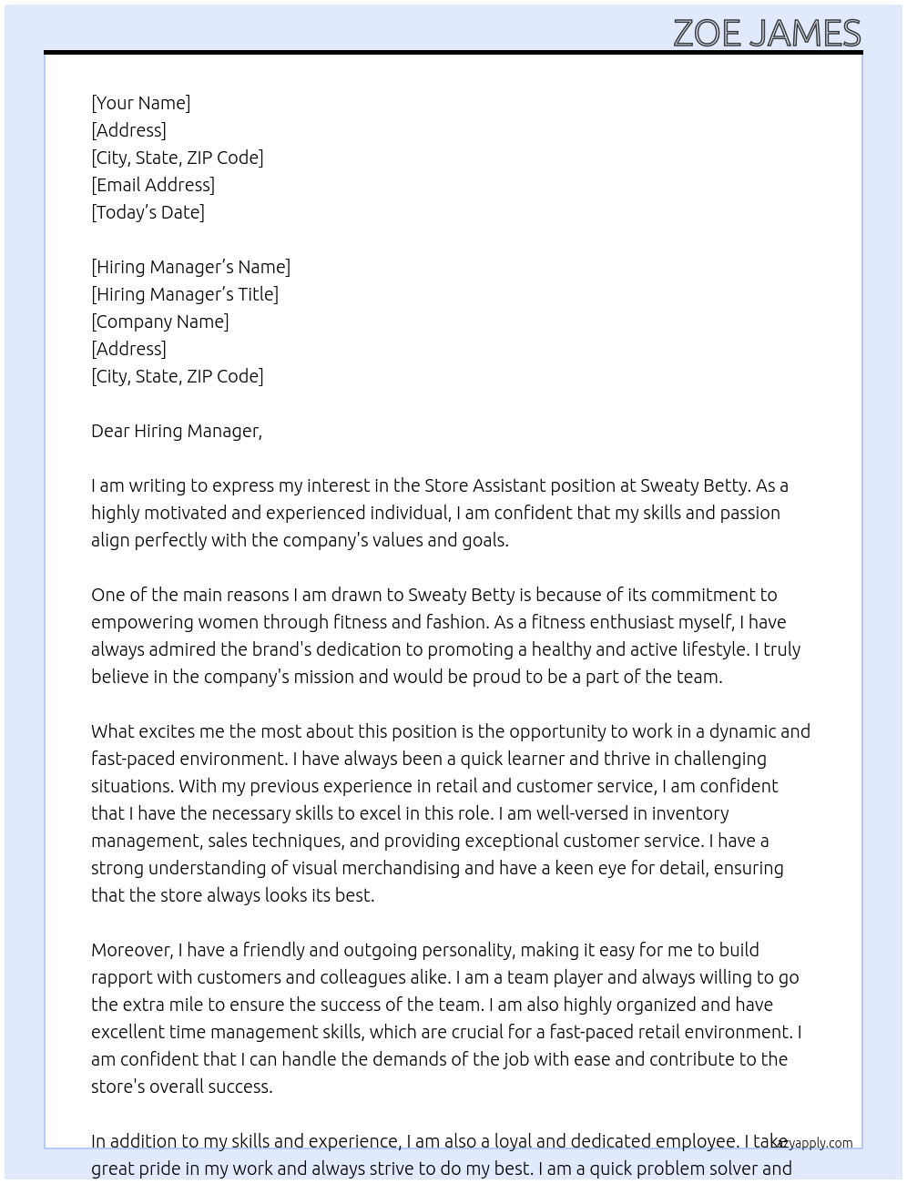 Store Assistant At Sweaty Betty Cover Letter