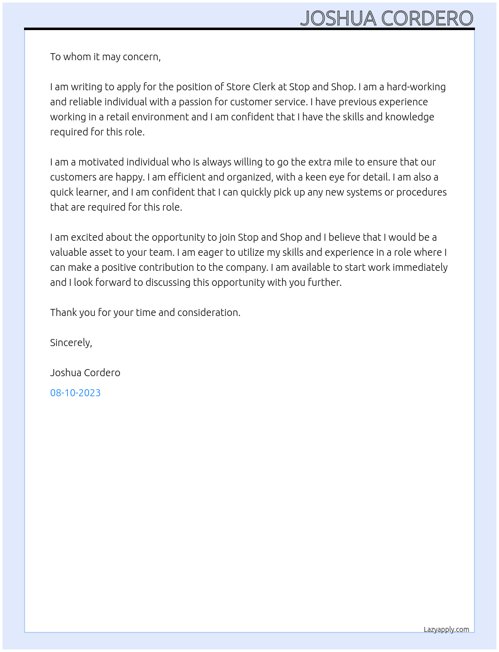 Store Clerk At Stop and Shop Cover Letter