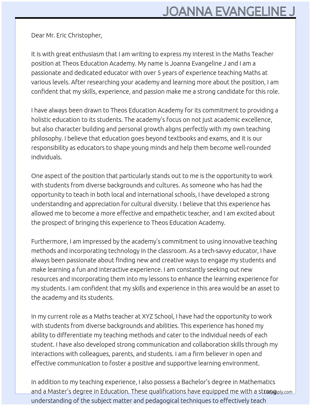 Maths teacher At Theos Education Academy Cover Letter