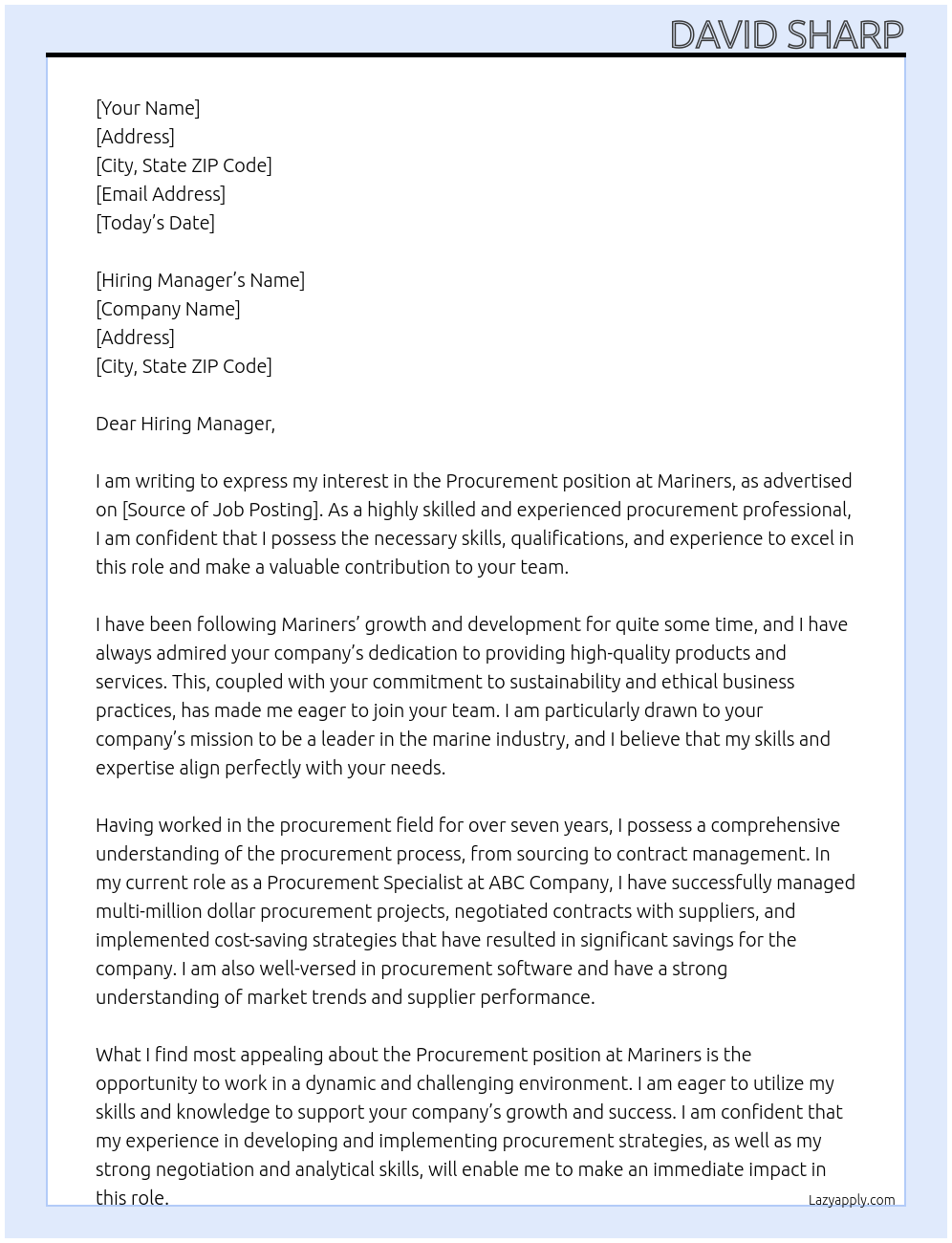 Procurement At Mariners Cover Letter