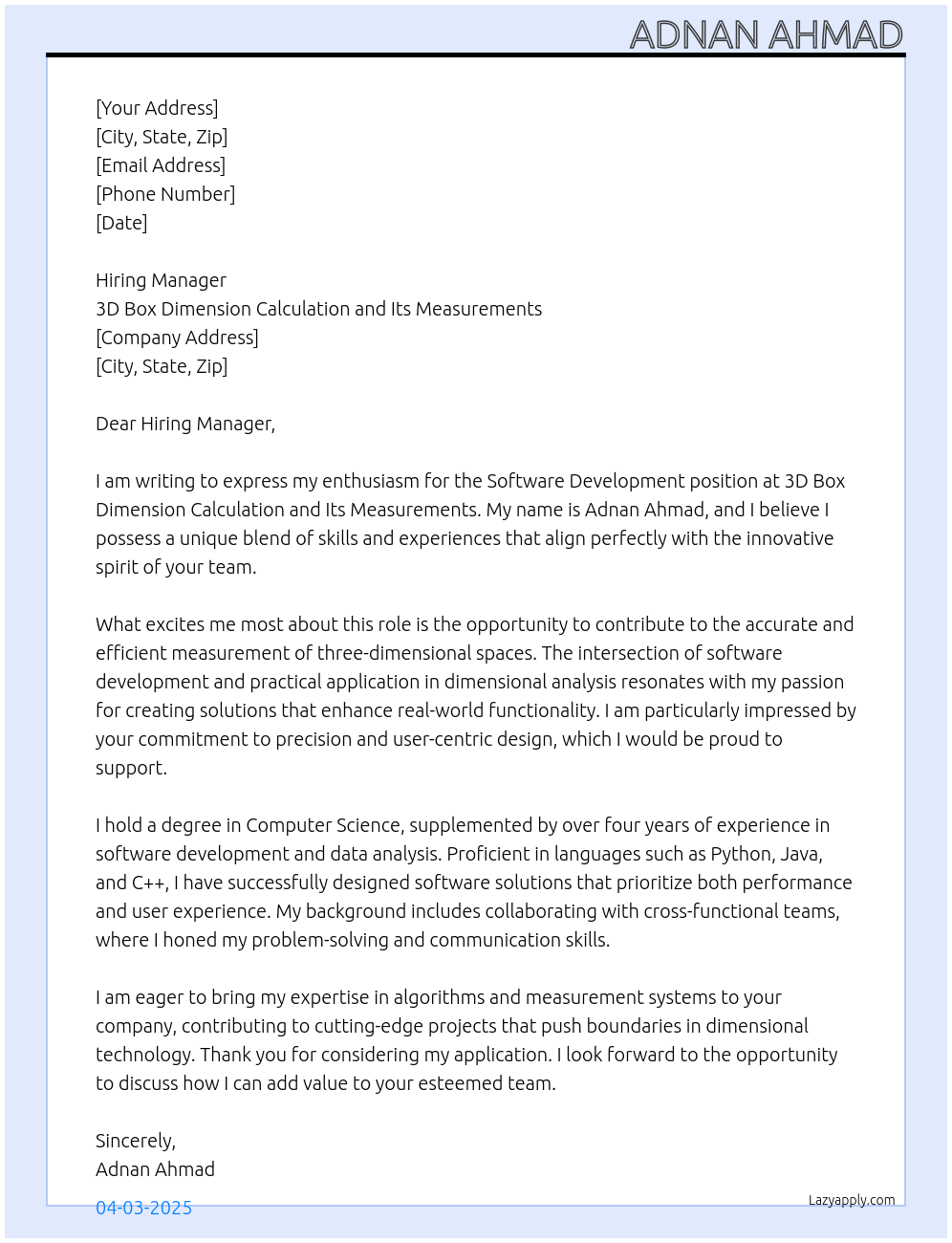 Software Development At 1. 3D Box Dimension calculation and its measurements Cover Letter