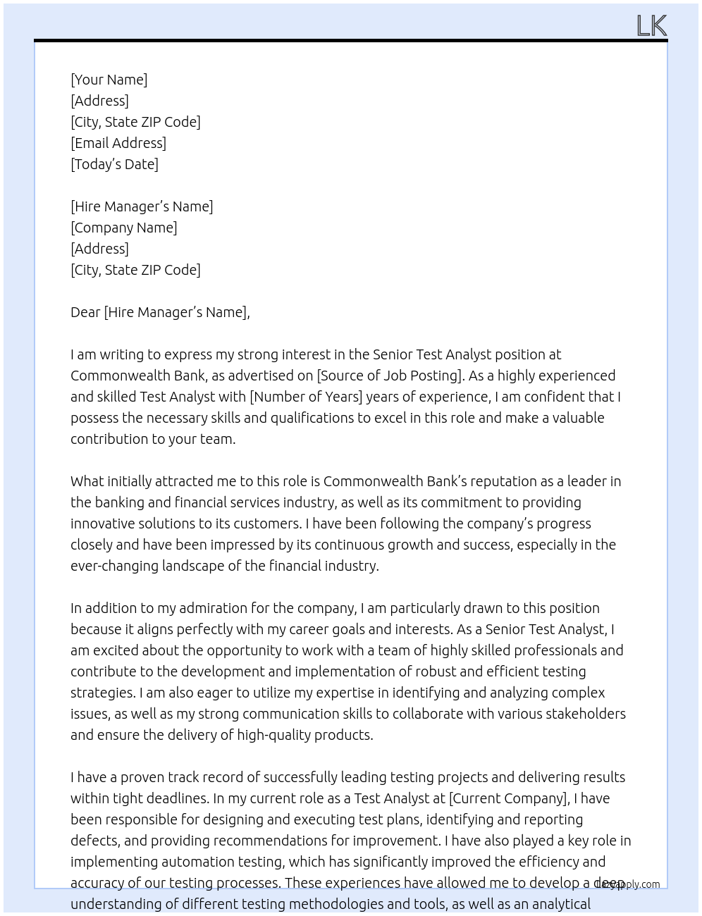 senior Test Analyst At Commonwealth Bank Cover Letter