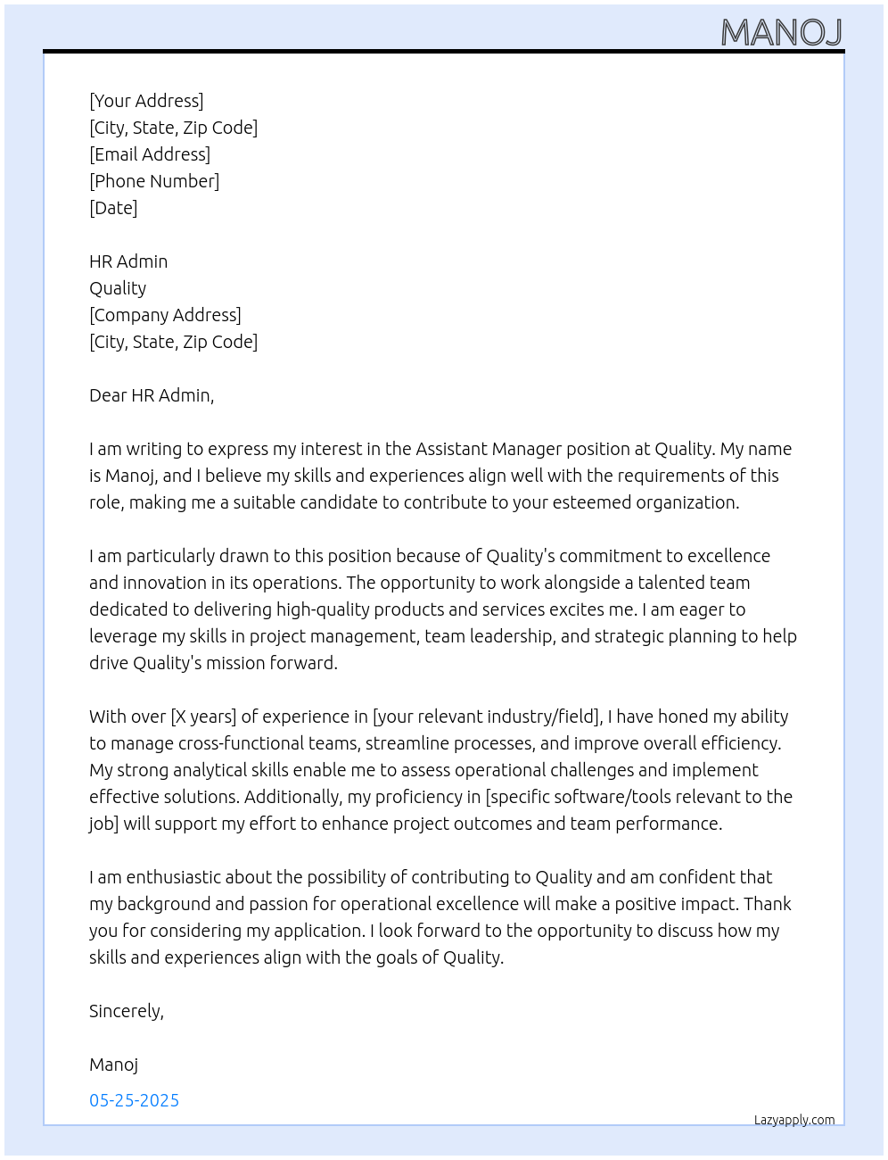 assistant manager At quality Cover Letter