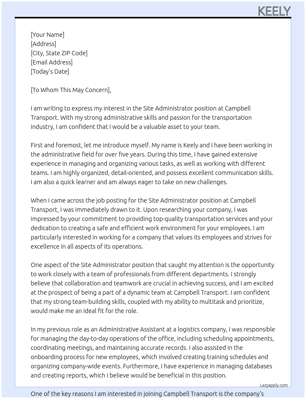 Site Administrator At Campbell Transport Cover Letter