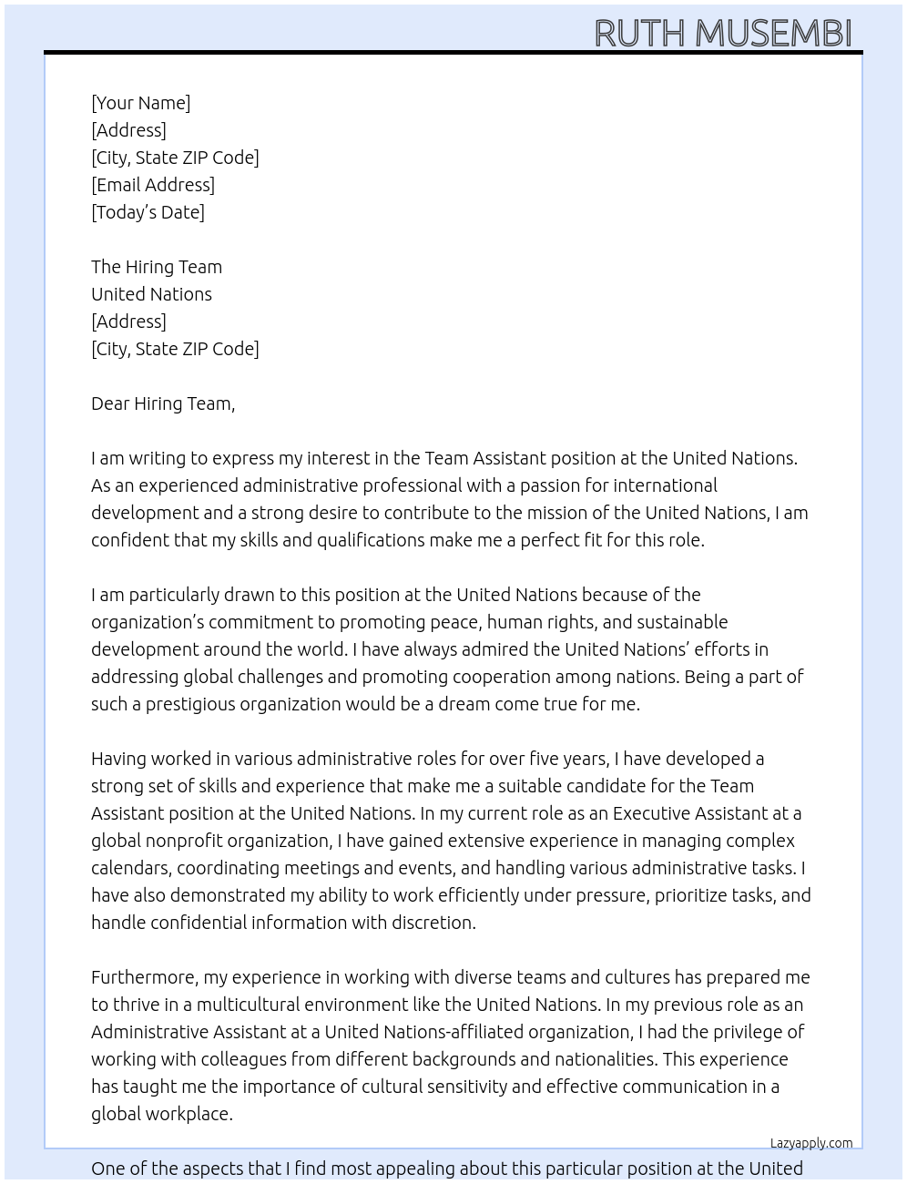 Team assistant At United Nations Cover Letter