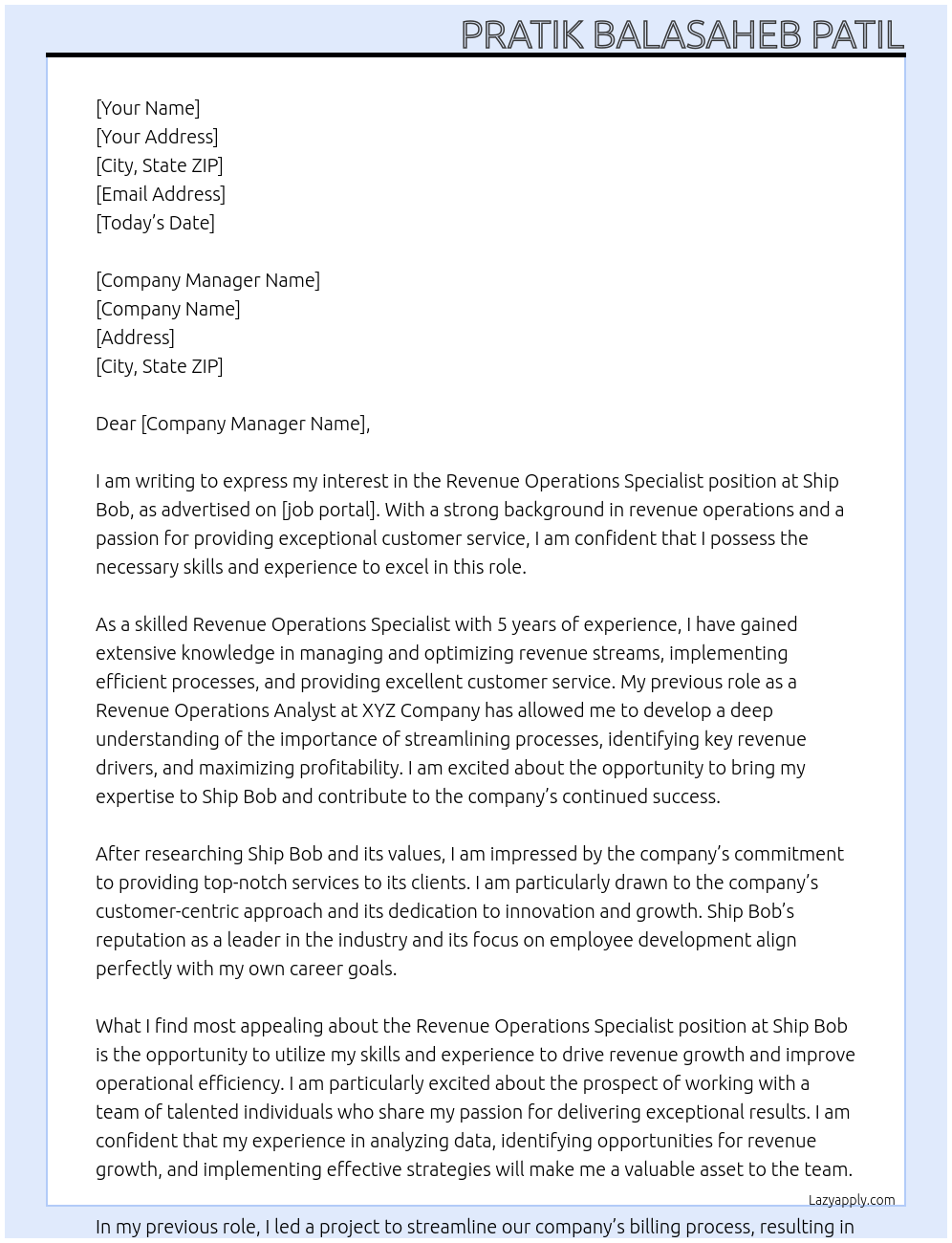 Revenue Operations Specialist  At Ship Bob  Cover Letter