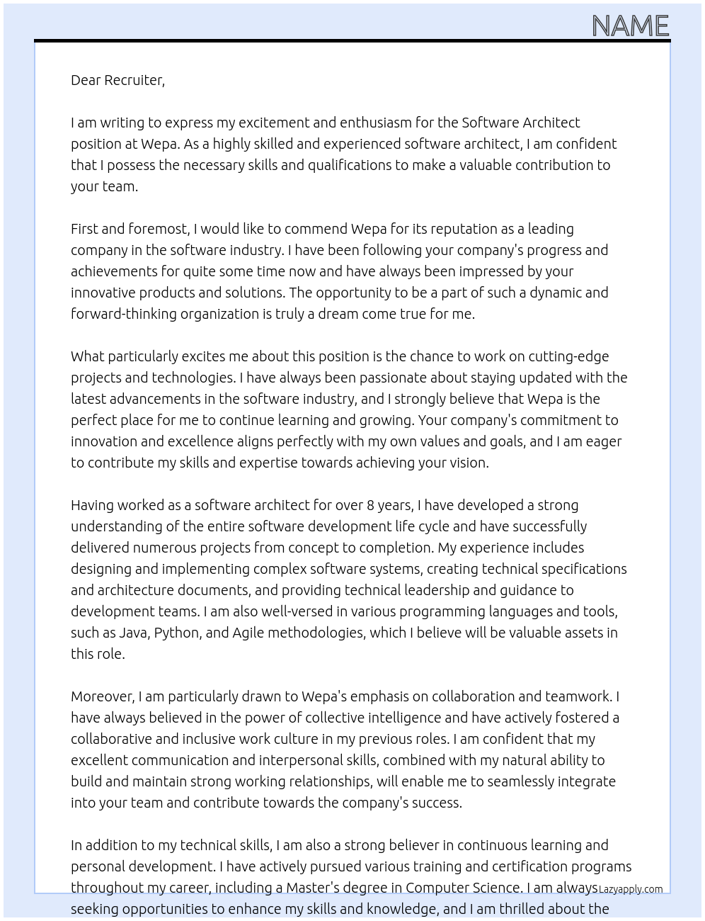 Software Architect At Wepa Cover Letter