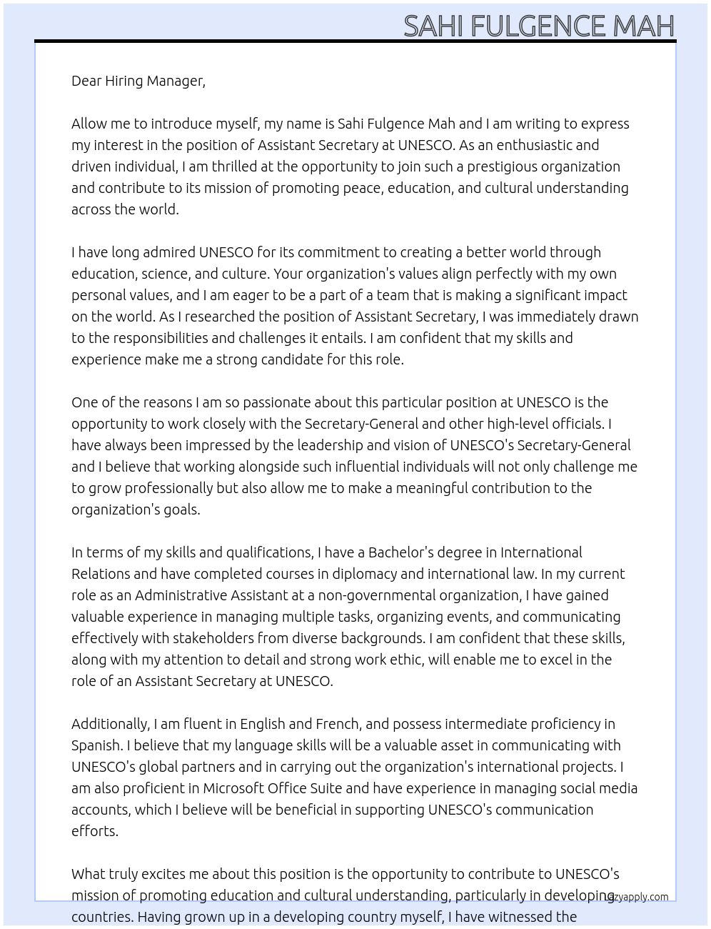 Assistant Secretary At UNESCO Cover Letter