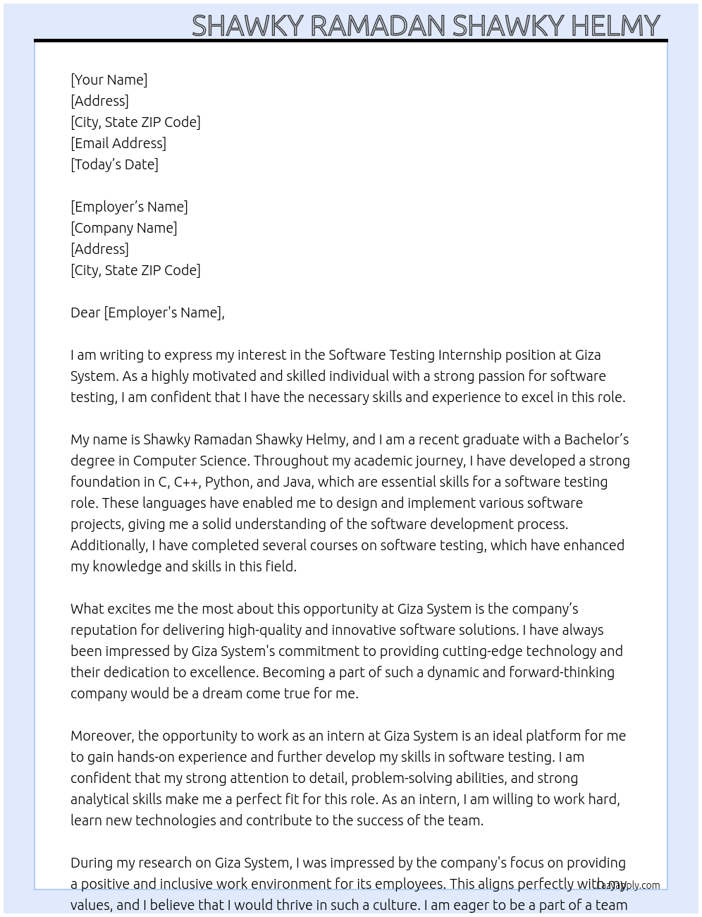 Software testing  At Giza System  Cover Letter