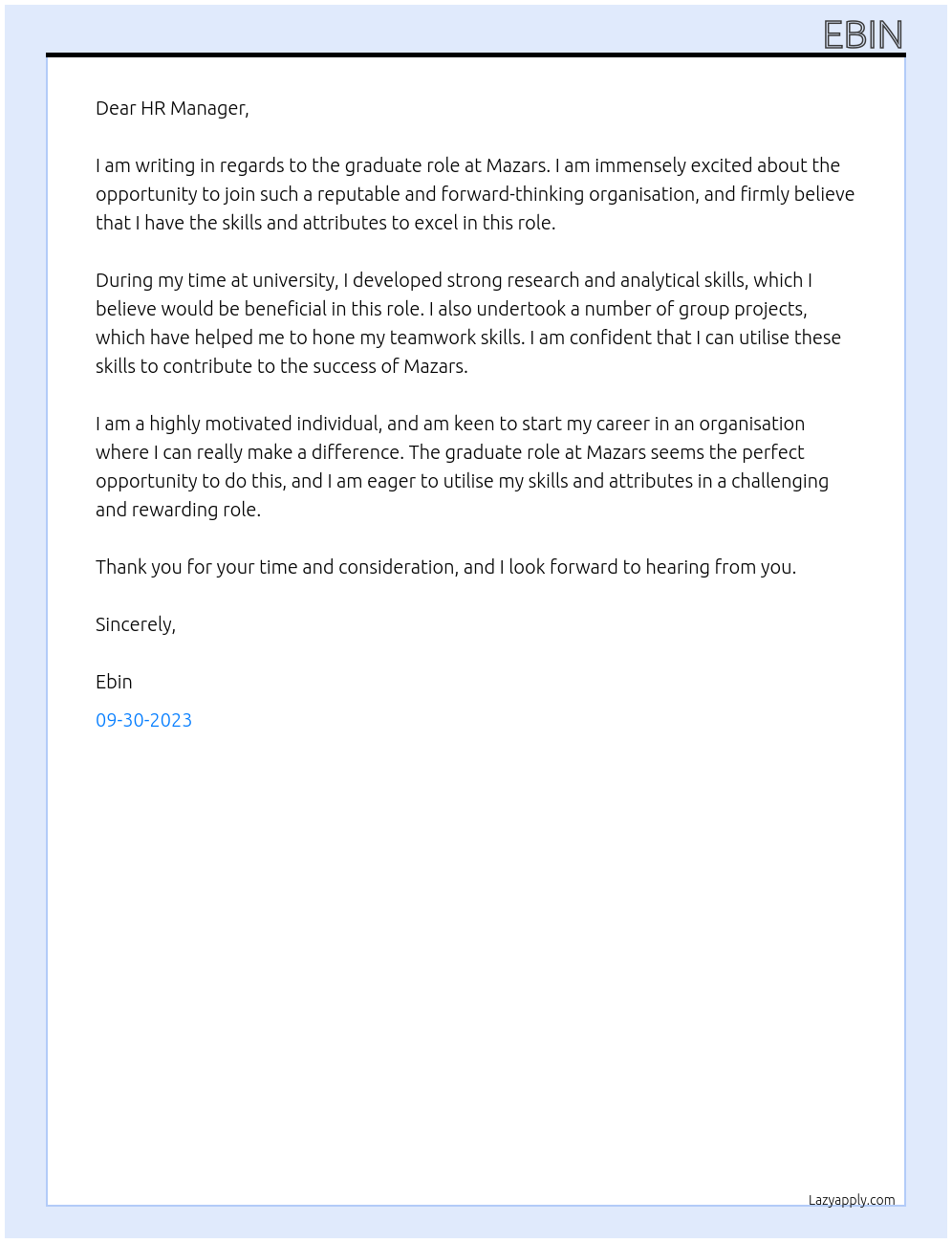 Graduate Role At Mazars Cover Letter