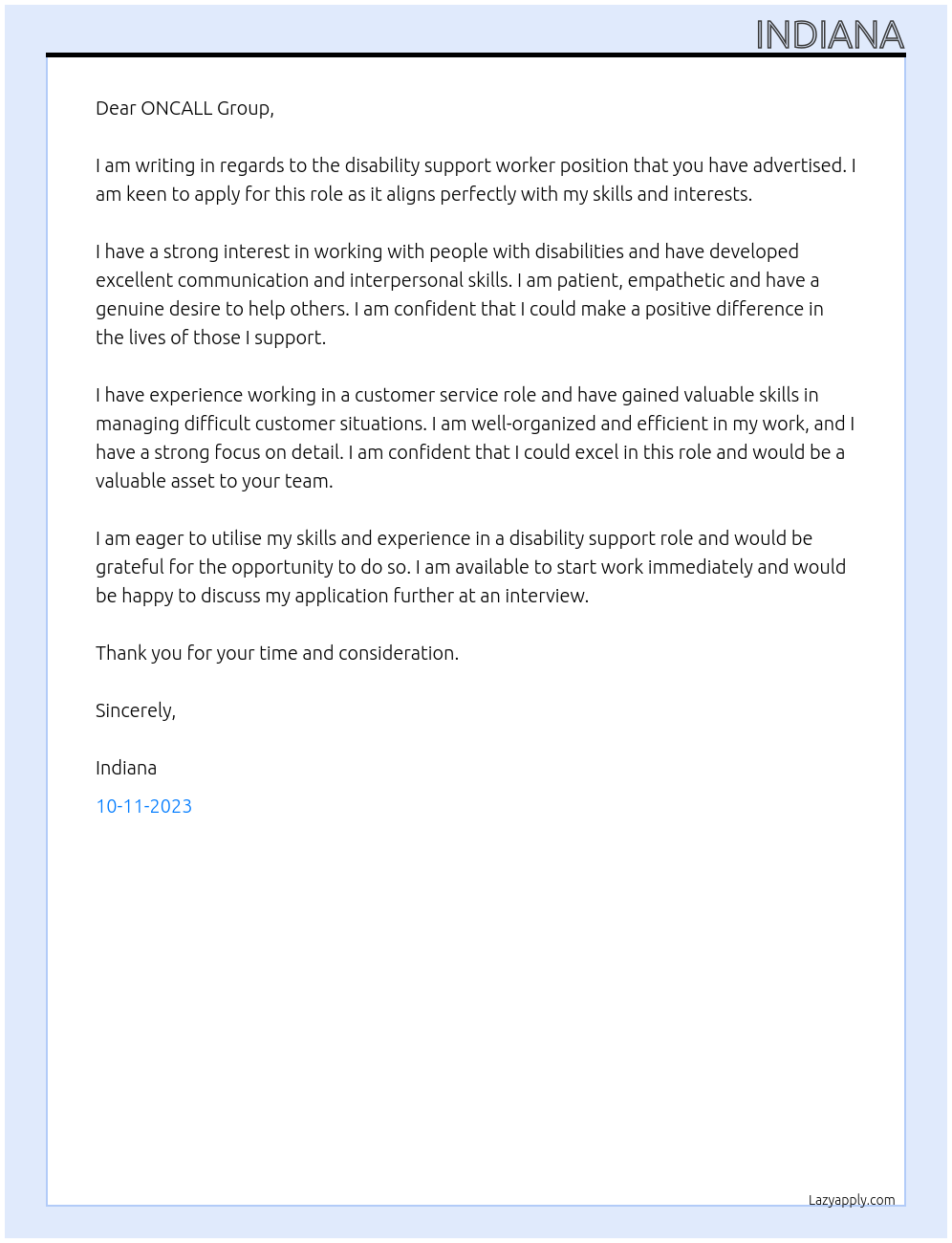 disability support worker At ONCALL Group Cover Letter