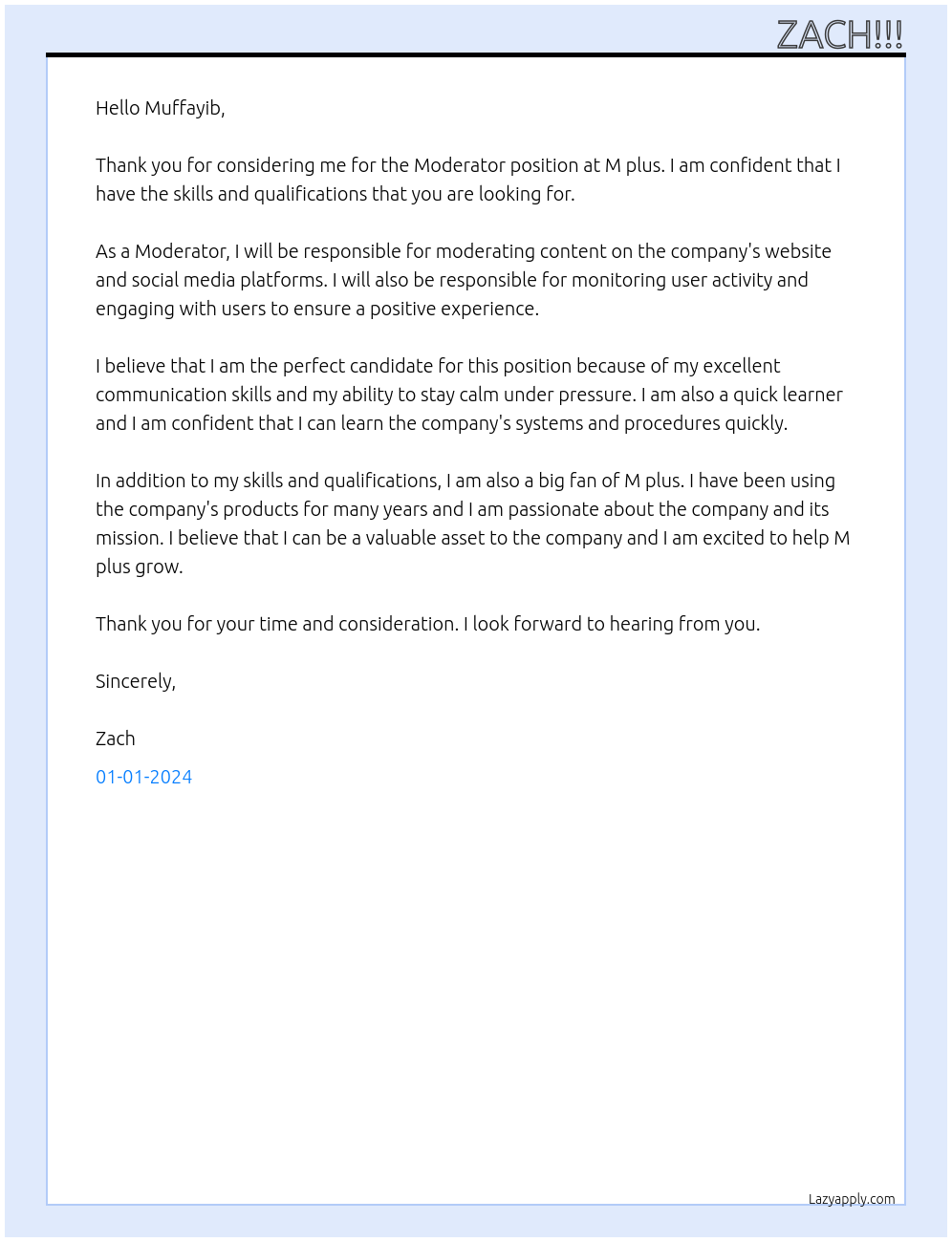 Moderator At M plus Cover Letter