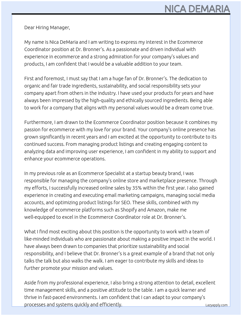 ecommerce coordinator At Dr Bronner's Cover Letter
