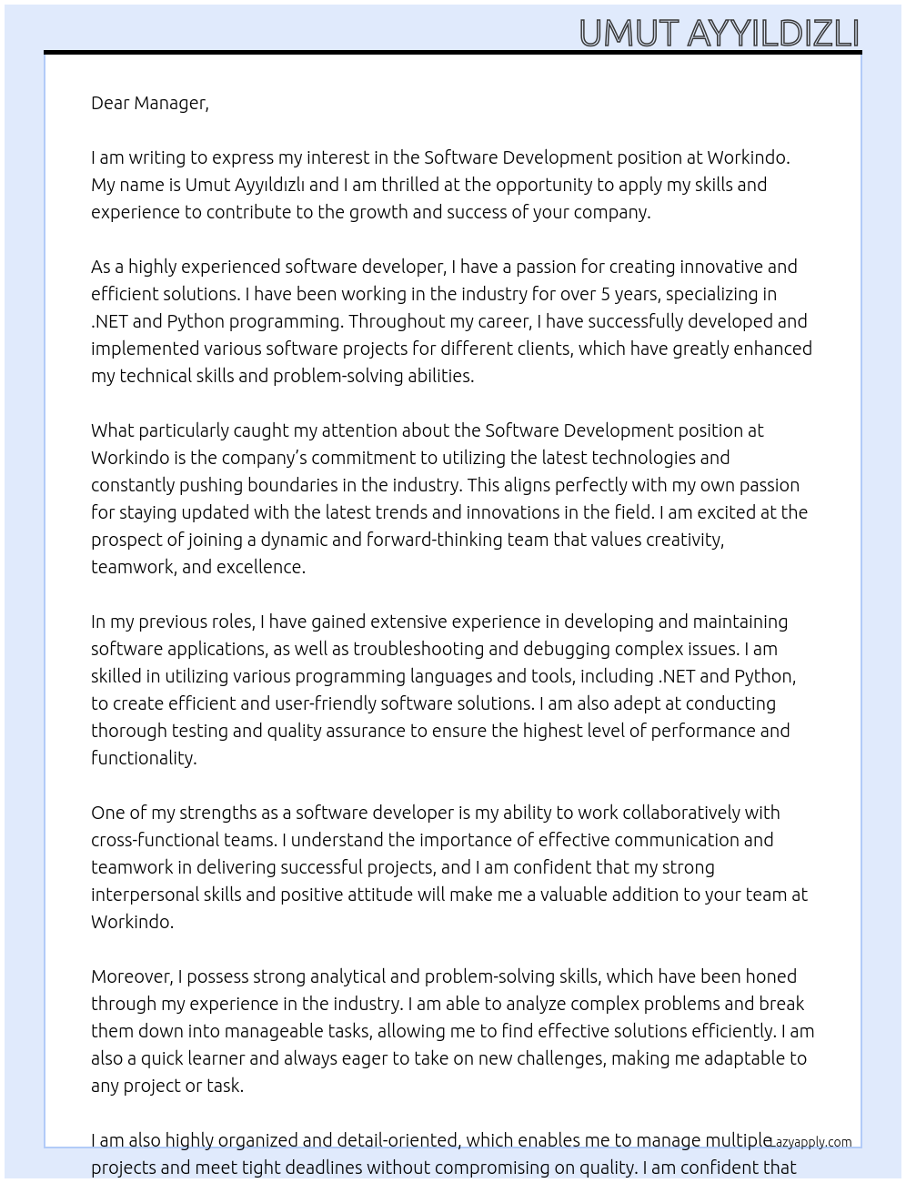 Software Development At Workindo Cover Letter
