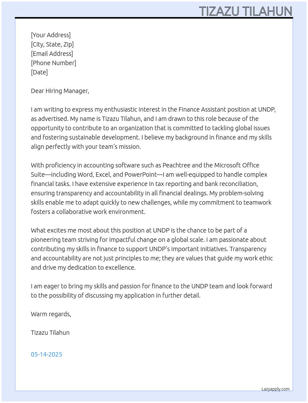 Finance Assistant At UNDP Cover Letter