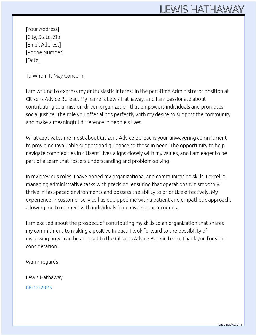 administrator At Citizens Advice Bureau Cover Letter