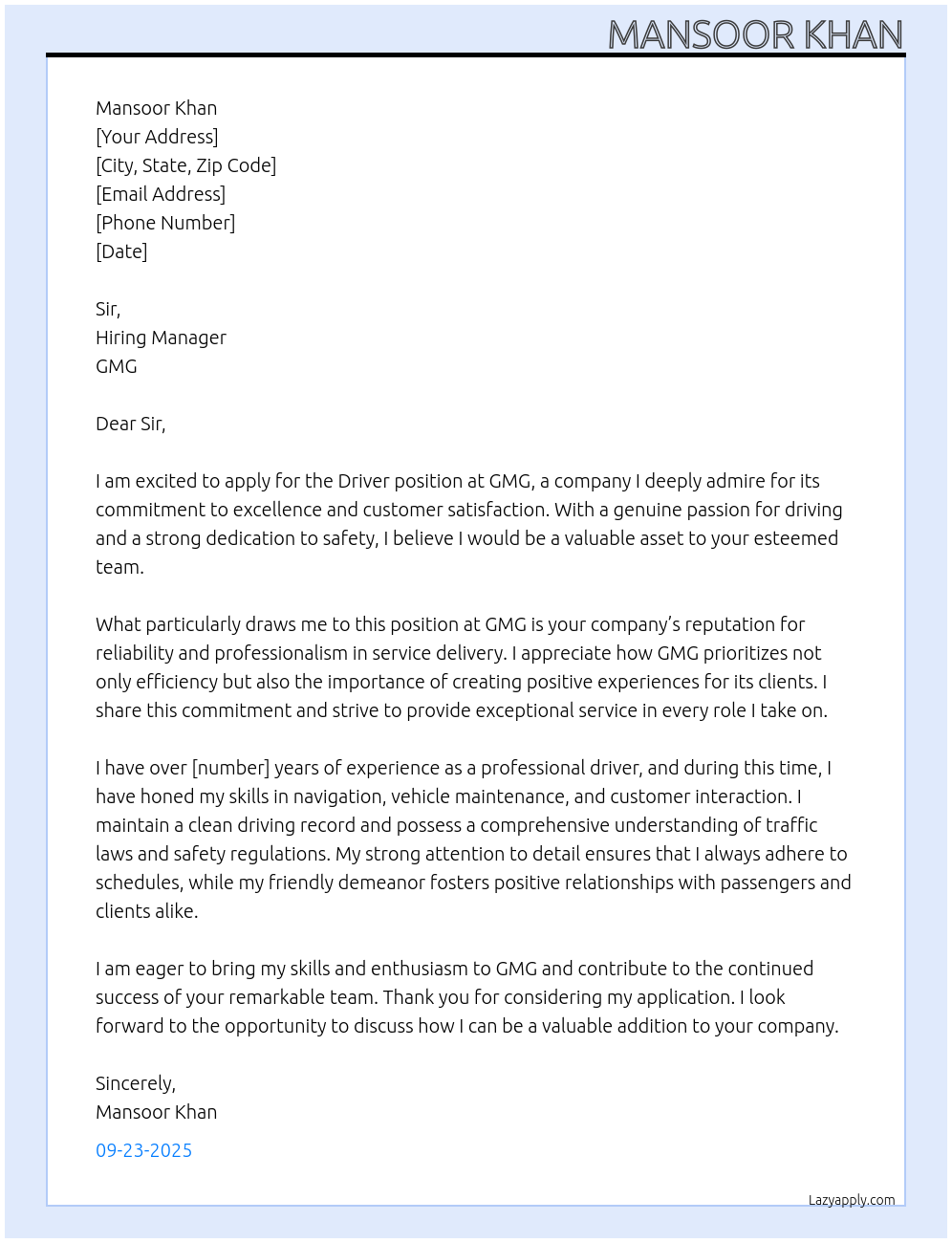 Driver  At GMG Cover Letter