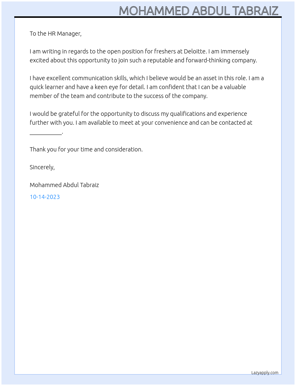 Freshers  At Deloite Cover Letter