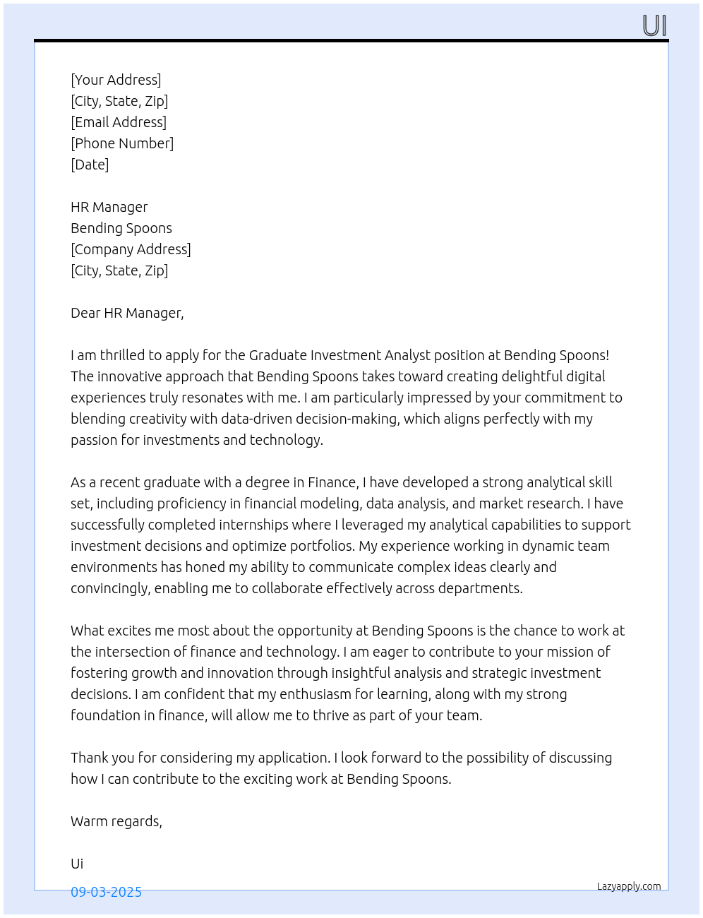 Graduate investment analyst At Bending Spoons Cover Letter