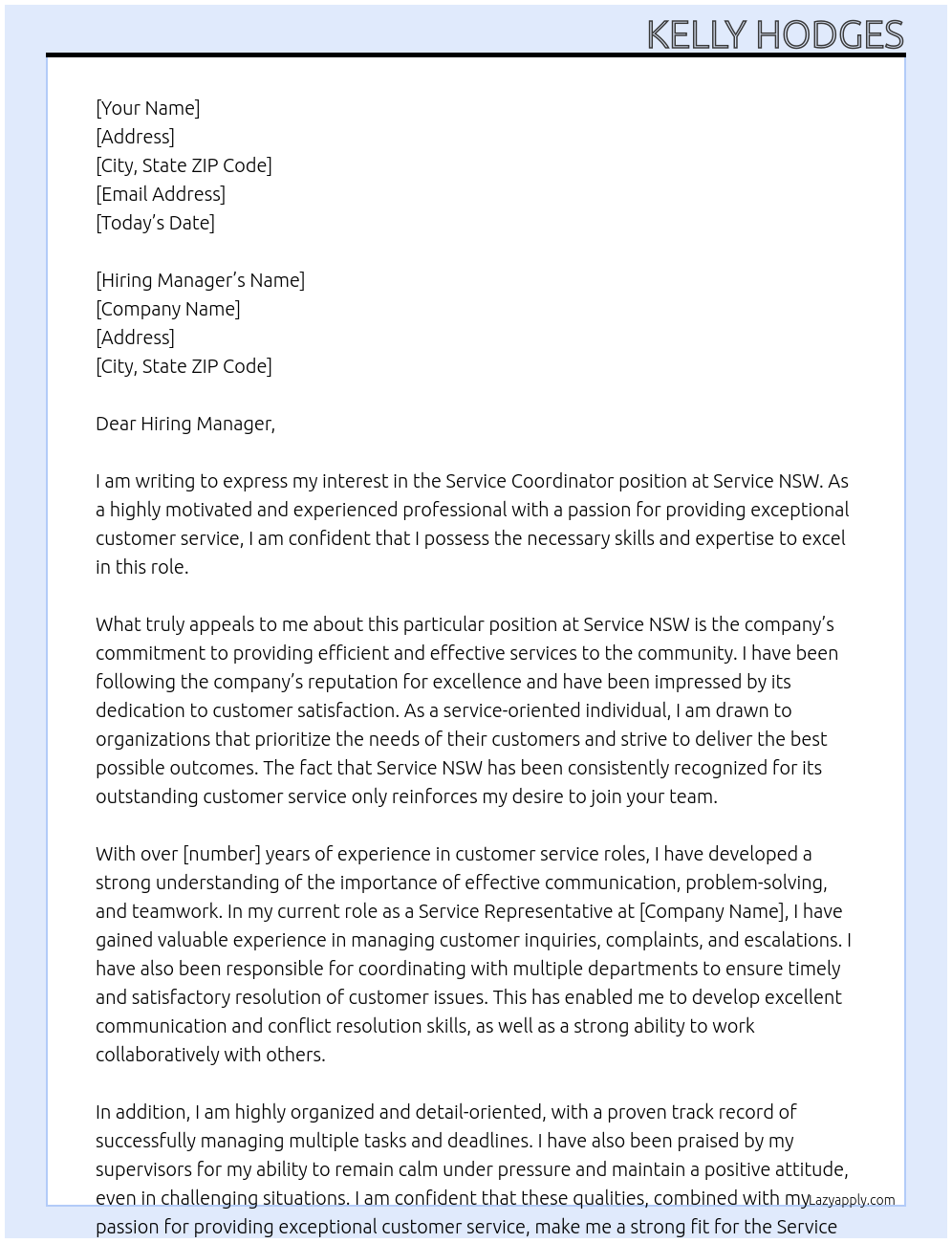 Service Coordinator At Service NSW Cover Letter