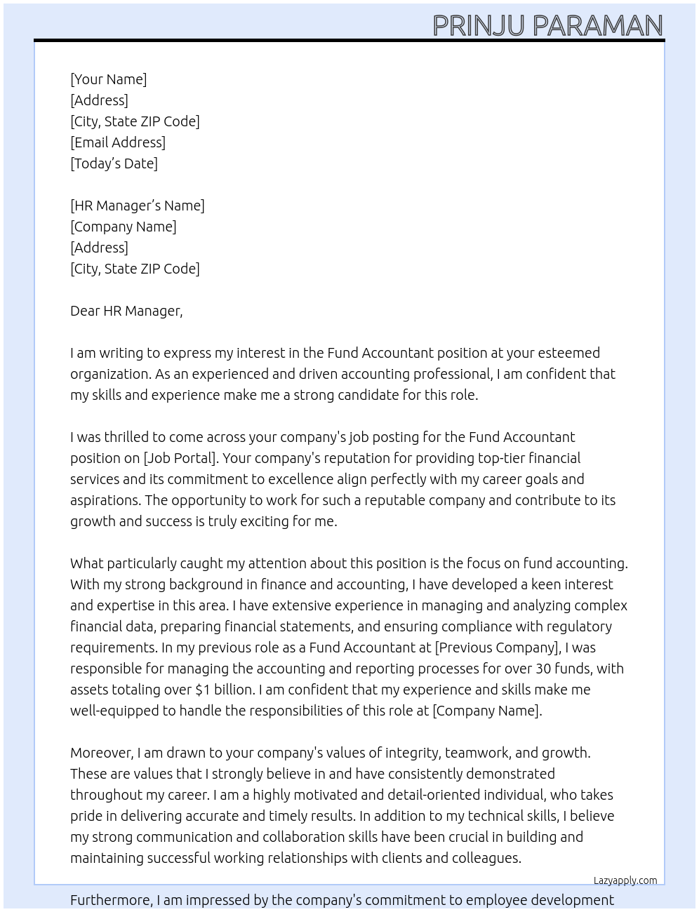 fund accountant At your  Cover Letter