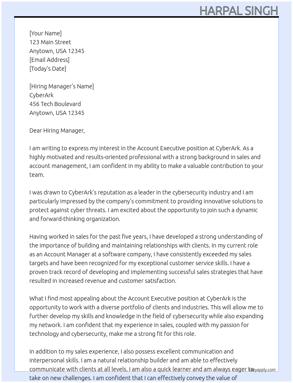 Account Executive At CyberArk Cover Letter