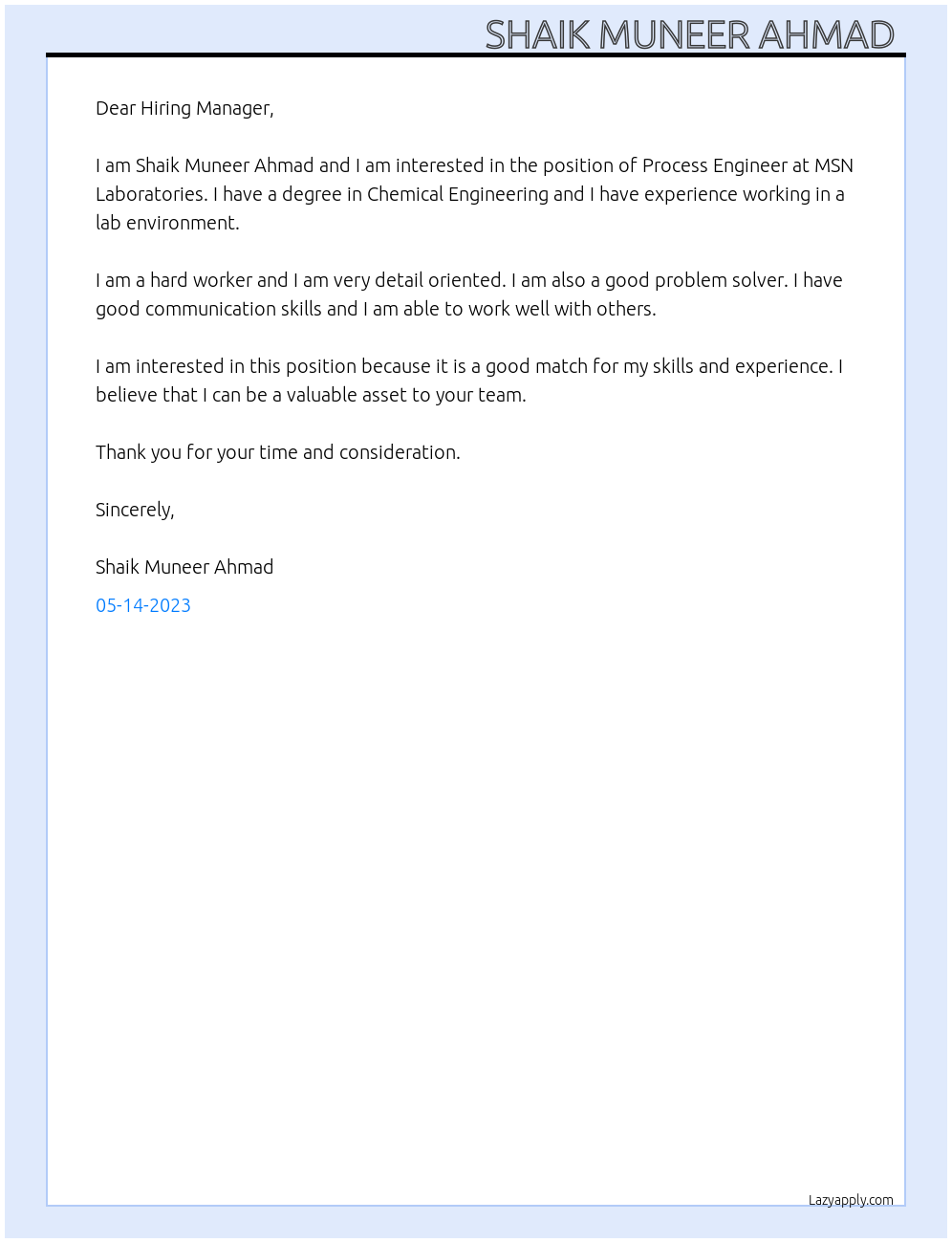 Process Engineer At MSN LABORATORIES Cover Letter