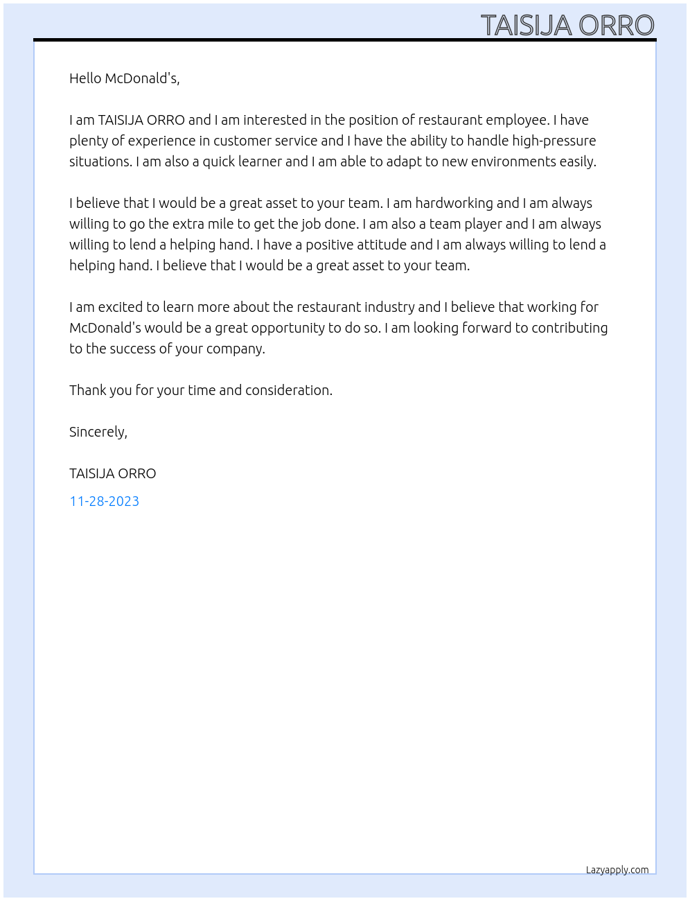 restaurant employee At mcdonald Cover Letter